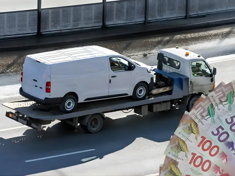 Truck carrier with mini van in the asphalt road